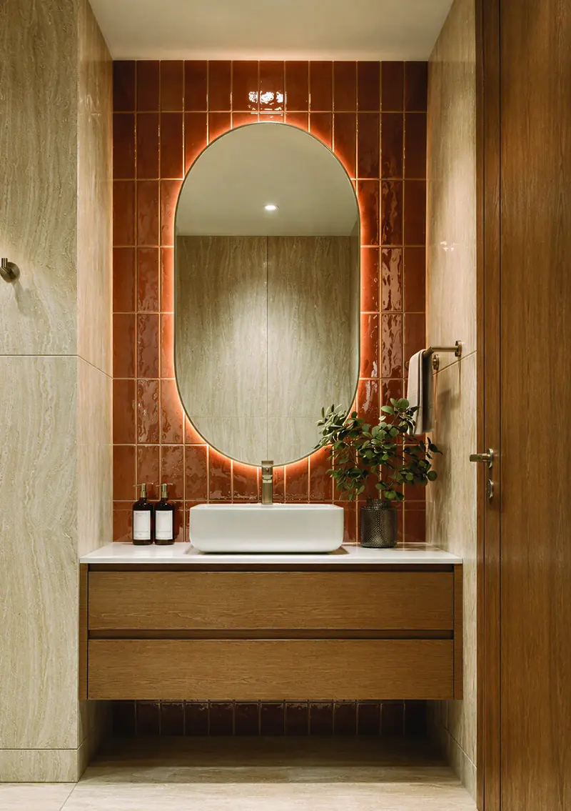 Bathroom with timber vanity and oval mirror