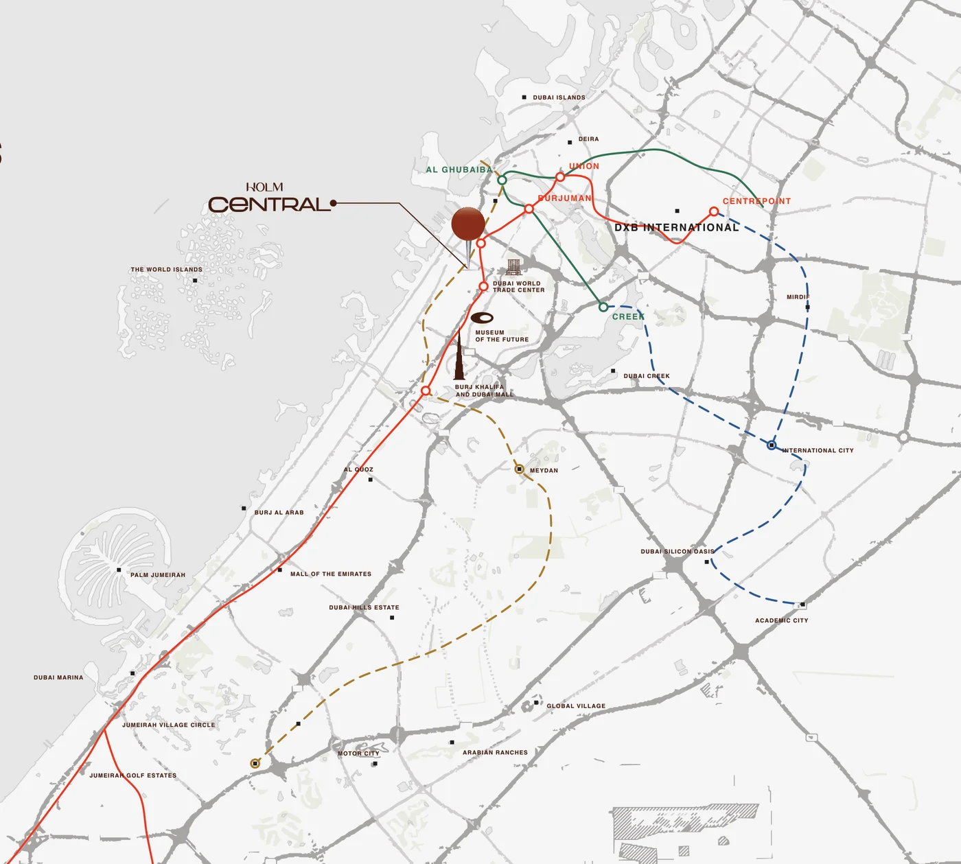Map of Dubai showing the location of Holm Central in Jumeirah Garden City