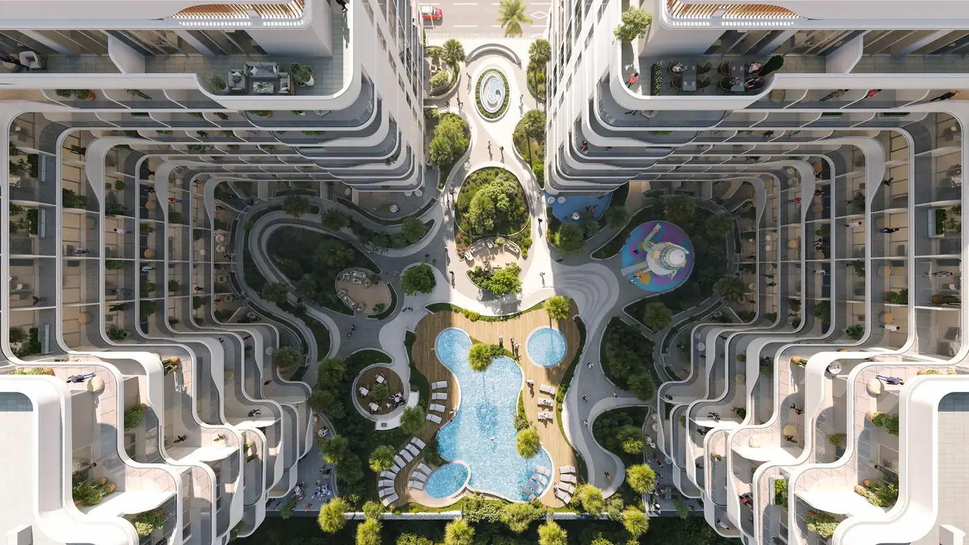 Aerial view of the landscaped podium between the two towers